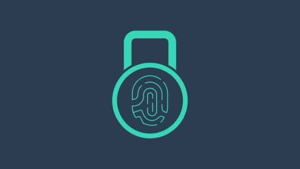 Turquoise Fingerprint with lock icon isolated on blue background. ID app icon. Identification sign. Touch id. 4K Video motion graphic animation — Stock Video