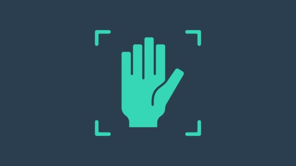 Бірюзова ікона розпізнавання пальмових відбитків, ізольована на синьому фоні. Біометричне сканування рук. Сліди пальців. Розпізнавання і перевірка системи. 4K Відеографічна анімація — стокове відео