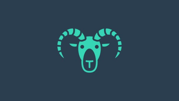 Turkusowa głowa kozła lub ikony barana izolowana na niebieskim tle. Górskie owce. Symbol zwierzęcia. 4K Animacja graficzna ruchu wideo — Wideo stockowe