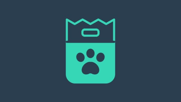 Turkusowy worek z jedzeniem dla ikony psa izolowany na niebieskim tle. Odcisk palca psa lub kota. Jedzenie dla zwierząt. Paczka karmy dla zwierząt. 4K Animacja graficzna ruchu wideo — Wideo stockowe