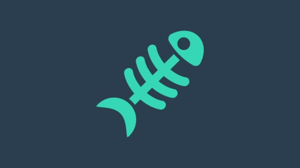 Turquoise Fish skeleton icon isolated on blue background. Fish bone sign. 4K Video motion graphic animation — Stock Video