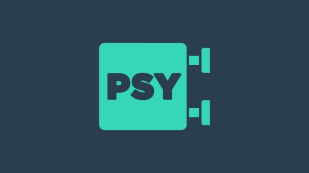 Tyrkysová ikona psychologie izolovaná na modrém pozadí. Symbol Psi. Koncept duševního zdraví, psychoanalýza a psychoterapie. Grafická animace pohybu videa 4K — Stock video
