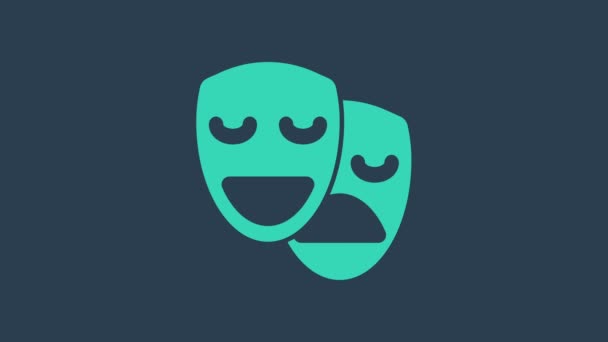Бирюзовая комедия и икона трагических театральных масок выделены на синем фоне. Видеографическая анимация 4K — стоковое видео