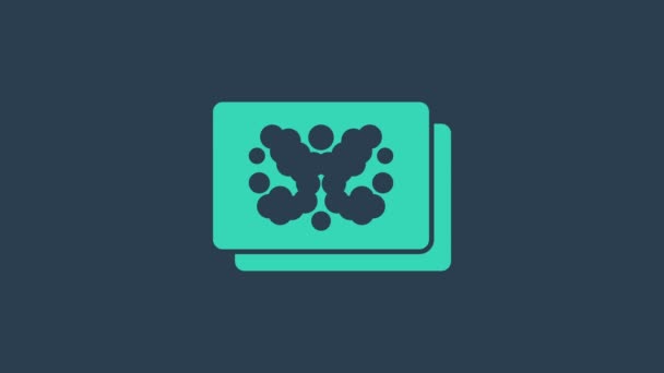 Turquoise Rorschach test icoon geïsoleerd op blauwe achtergrond. Psycho diagnostische inktvlek test Rorschach. 4K Video motion grafische animatie — Stockvideo