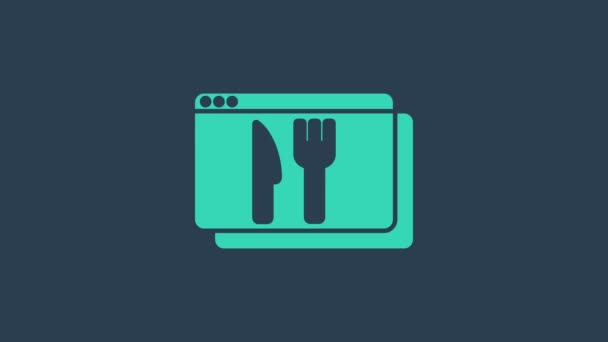 Turquoise Zamawianie online i fast food ikona dostawy izolowane na niebieskim tle. 4K Animacja graficzna ruchu wideo — Wideo stockowe