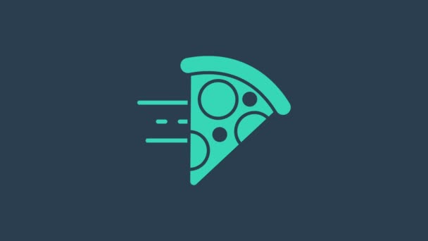 Tyrkysová Online objednání a rychlé dodání pizzy ikona izolované na modrém pozadí. Grafická animace pohybu videa 4K