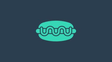 Turkuaz Hotdog sandviç ikonu mavi arka planda izole edildi. Sosis ikonu. Fast food burcu. 4K Video hareketli grafik canlandırması