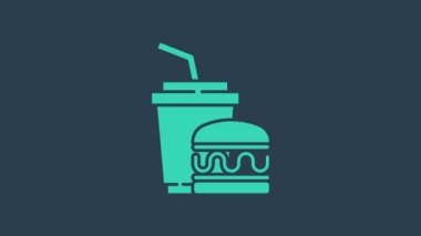 Turkuaz kağıt bardak, pipet ve mavi arka planda izole edilmiş burger ikonu. Soda su içme tabelası. Hamburger, çizburger sandviçi. 4K Video hareketli grafik canlandırması