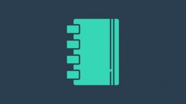 Turkuaz Not Defteri simgesi mavi arkaplanda izole edildi. Spiral not defteri simgesi. Okul defteri. Yazı tahtası. Okul günlüğü. 4K Video hareketli grafik canlandırması