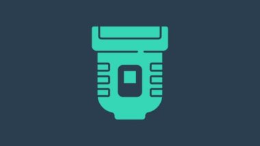 Turkuaz Epilatör simgesi mavi arkaplanda izole edildi. Elektrikli jiletle deplasyon. Cesette saç kesimi. 4K Video hareketli grafik canlandırması