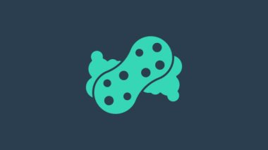 Mavi arka planda izole edilmiş baloncuklu turkuaz sünger. Bulaşık yıkamak için bir tutam Bast. Temizlik servisi logosu. 4K Video hareketli grafik canlandırması