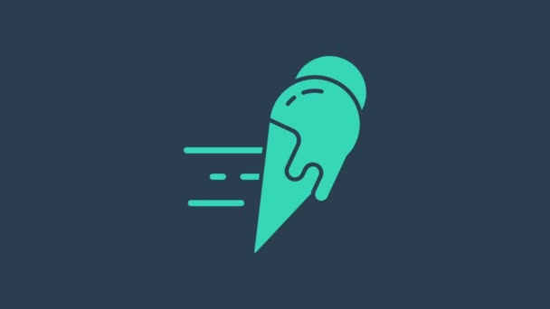 Turquoise Commande en ligne et crème glacée en cône de gaufre icône isolée sur fond bleu. Doux symbole. Animation graphique de mouvement vidéo 4K — Video