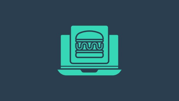 Turquoise Zamawianie online i ikona dostawy burger izolowany na niebieskim tle. 4K Animacja graficzna ruchu wideo — Wideo stockowe