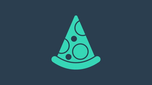 Turchese Fetta di icona della pizza isolata su sfondo blu. Menù fast food. Animazione grafica 4K Video motion — Video Stock