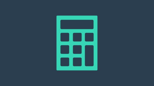 Turkoois Calculator pictogram geïsoleerd op blauwe achtergrond. Boekhoudkundig symbool. Bedrijfsberekeningen wiskunde onderwijs en financiën. 4K Video motion grafische animatie — Stockvideo