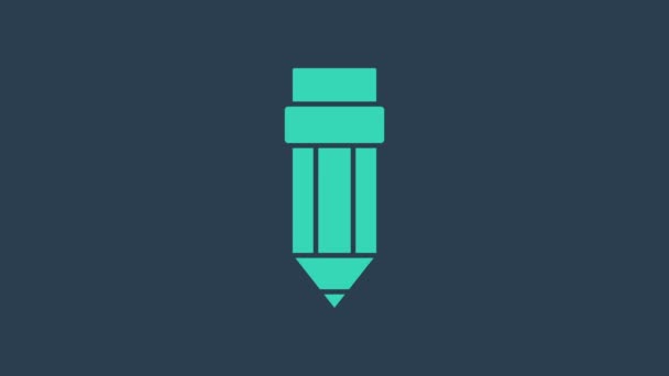 Lápiz turquesa con icono de borrador aislado sobre fondo azul. Dibujo y herramientas educativas. Símbolo escolar. Animación gráfica de vídeo 4K — Vídeo de stock