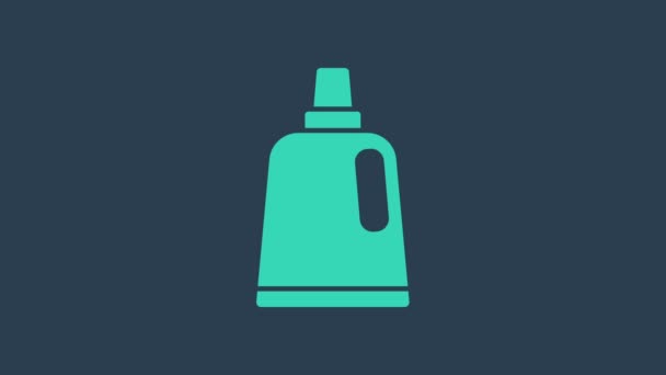 洗濯洗剤、漂白剤、食器洗浄液、または青の背景に隔離された別の洗浄剤アイコンのためのターコイズプラスチックボトル。4Kビデオモーショングラフィックアニメーション — ストック動画