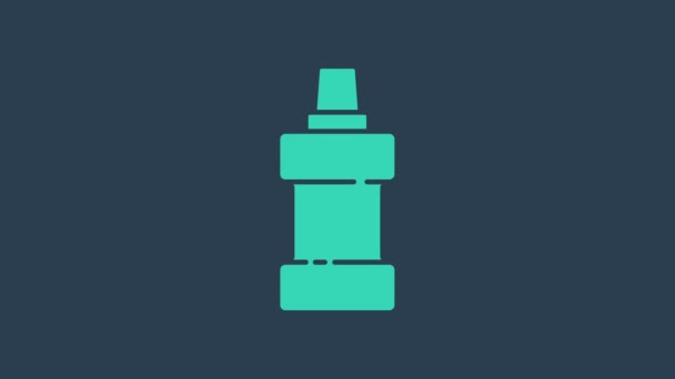 Tyrkysová Plastová láhev na prací prostředek, bělidlo, mycí kapalina nebo jiná ikona čisticího prostředku izolovaná na modrém pozadí. Grafická animace pohybu videa 4K — Stock video