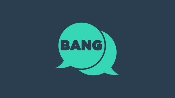 Turkoois Bang boom, pistool Comic tekst speech zeepbel ballon pictogram geïsoleerd op blauwe achtergrond. 4K Video motion grafische animatie — Stockvideo