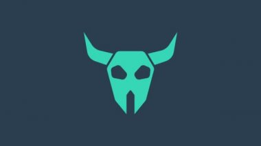 Mavi arka planda izole edilmiş turkuaz bufalo kafatası ikonu. 4K Video hareketli grafik canlandırması