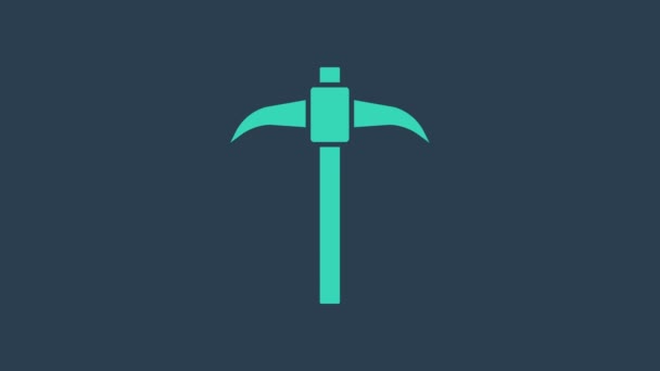 Tyrkysová ikona Pickaxe izolovaná na modrém pozadí. Grafická animace pohybu videa 4K — Stock video