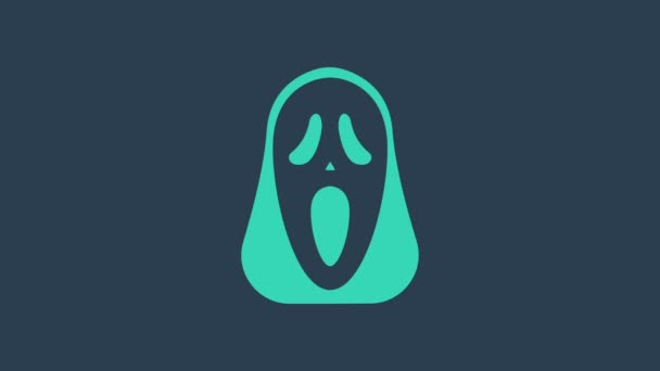 Turquoise Funny and scary ghost mask for Halloween icon isolated on blue background. Happy Halloween party. 4K Video motion graphic animation — Stock Video