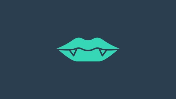 绿松石吸血鬼的牙齿图标孤立在蓝色背景。万圣节快乐派对4K视频运动图形动画 — 图库视频影像