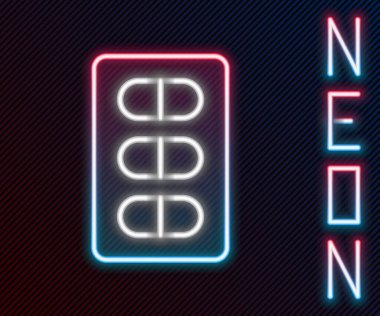 Parlayan neon çizgisi hapları siyah arka planda izole edilmiş. İlaç paketi. Tablet, vitamin, antibiyotik, aspirin. Renkli taslak konsepti. Vektör İllüstrasyonu.