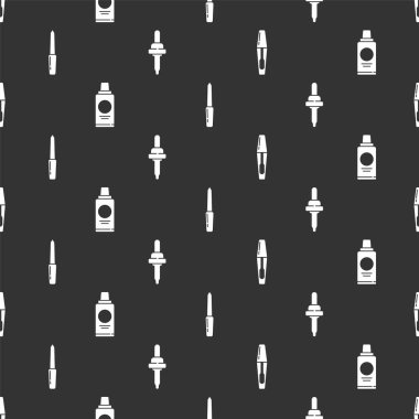 Mascara fırçasını, şampuan şişesini, tırnak törpüsünü ve Pipette 'i kusursuz desene ayarlayın. Vektör.