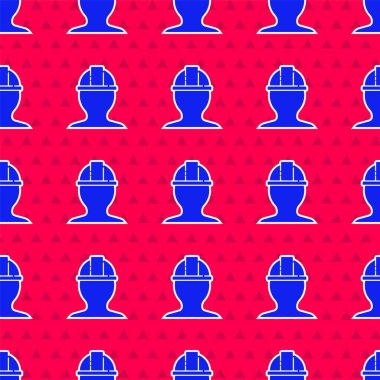 Mavi İşçi Kaskı simgesi kırmızı arka planda izole edilmiş. Vektör İllüstrasyonu.