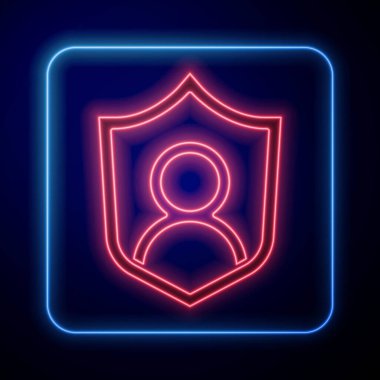 Parlayan neon kullanıcı koruma simgesi mavi arkaplanda izole edildi. Güvenli kullanıcı girişi, şifre koruması, kişisel veri koruması, kimlik doğrulaması. Vektör.