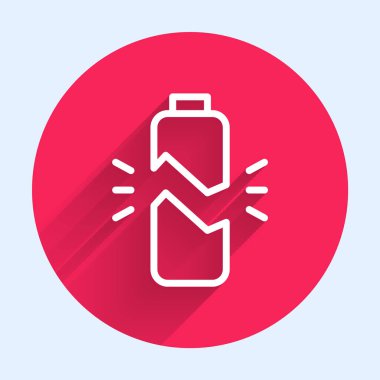 Kırık batarya simgesi uzun gölgeli beyaz çizgi. Kırmızı daire düğmesi. Vektör İllüstrasyonu.