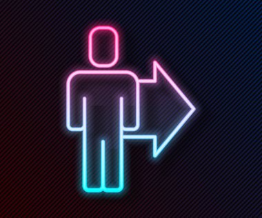 Siyah arka planda izole edilmiş bir yönetici ikon ekibinin parlak neon hattı lideri. Vektör.