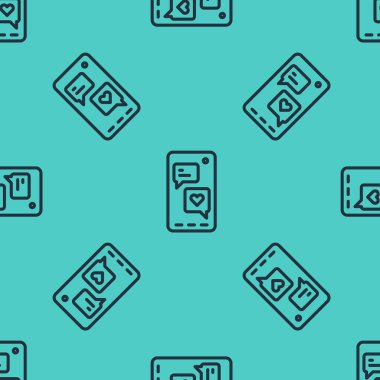 Kalp emojisi konuşma balonlu siyah çizgi akıllı telefonu yeşil arkaplanda izole edilmiş ekran simgesine mesaj gönder. Sevgililer Günü. Vektör.