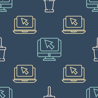 Satır Push pin, dizüstü bilgisayar, imleç, bilgisayar monitörü ve imleci kusursuz desene ayarlayın. Vektör.