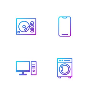 Hat temizleyicisi, bilgisayar monitörü, vinil çalar ve akıllı telefon, cep telefonu. Renk simgeleri. Vektör.