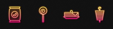 Sıra halinde krep, paket patates cipsi, lolipop ve ızgara şiş kebap. Parlayan neon ikonu. Vektör.