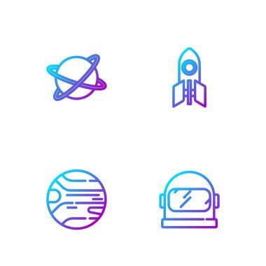 Astronot miğferi, Gezegen, uydular gezegenin ve Roket gemisinin yörüngesinde. Renk simgeleri. Vektör.