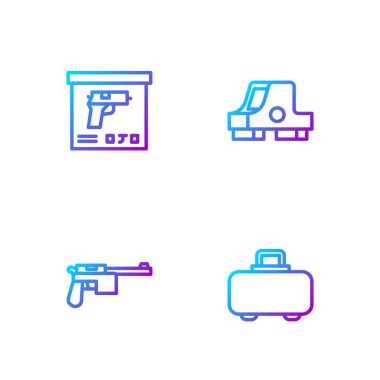 Çizgi silah çantası, Mauser silahı, askeri mühimmat kutusu ve Collimator görüşü. Renk simgeleri. Vektör.