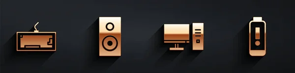 设置键盘 立体声扬声器 计算机监控和电池充电电平指示器图标与长阴影 — 图库矢量图片