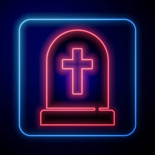 Glowing Neon Tombstone Cross Icon Isolated Blue Background Grave Icon — Stock Vector