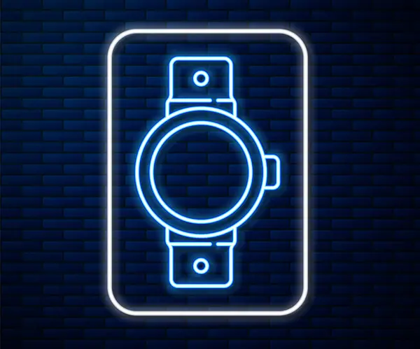 Zářící Neonová Čára Ikona Smartwatch Izolovaná Pozadí Cihlové Stěny Vektor — Stockový vektor