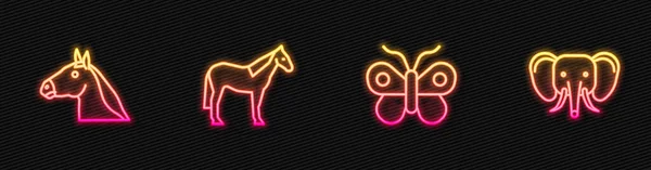 Stel Lijn Butterfly Horse Head Elephant Een Gloeiend Neon Icoon — Stockvector