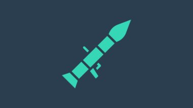 Mavi arka planda izole edilmiş füze ikonlu turkuaz roket fırlatıcı. 4K Video hareketli grafik canlandırması