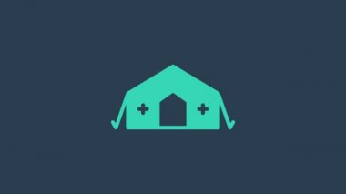 Mavi arka planda izole edilmiş bir hasta ikonuna ilk yardım sağlayan turkuaz askeri tıbbi çadır. İnsanlara ücretsiz tıbbi çadır yardımı. 4K Video hareketli grafik canlandırması