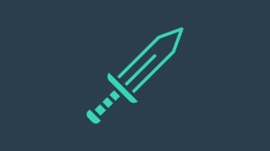 Turkuaz Kılıç simgesi mavi arkaplanda izole edildi. Ortaçağ silahı. 4K Video hareketli grafik canlandırması