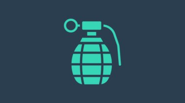 Turkuaz el bombası ikonu mavi arka planda izole edildi. Bomba patlaması. 4K Video hareketli grafik canlandırması