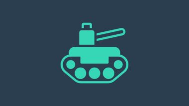 Turkuaz askeri tank ikonu mavi arka planda izole edildi. 4K Video hareketli grafik canlandırması