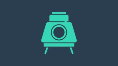 Turkuaz Mars aracı simgesi mavi arka planda izole edildi. Uzay aracı. Ay yürüyüşü işareti. Gezegen yüzeyini incelemek için bir cihaz. 4K Video hareketli grafik canlandırması