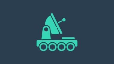 Turkuaz Mars aracı simgesi mavi arka planda izole edildi. Uzay aracı. Ay yürüyüşü işareti. Gezegen yüzeyini incelemek için bir cihaz. 4K Video hareketli grafik canlandırması